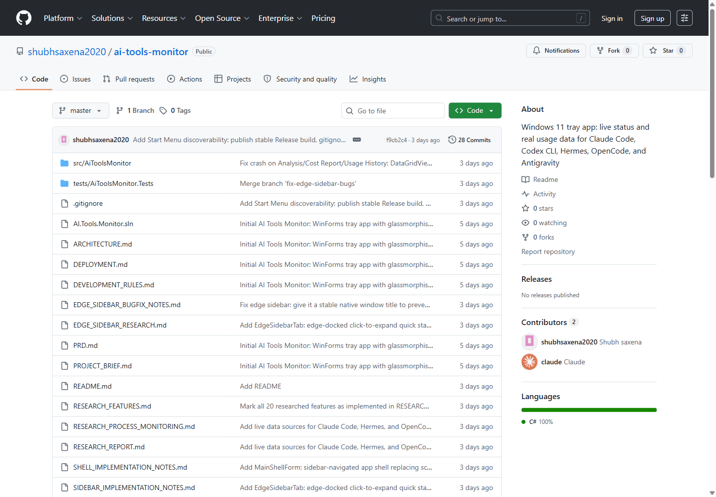 Public GitHub repository page for shubhsaxena2020/ai-tools-monitor
