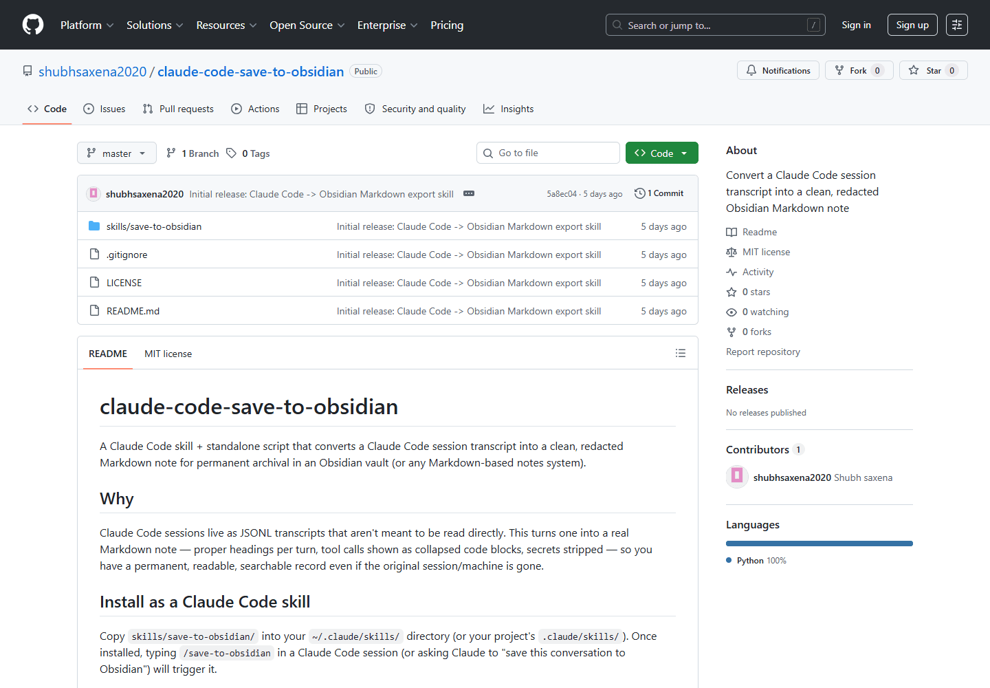 Public GitHub repository page for shubhsaxena2020/claude-code-save-to-obsidian