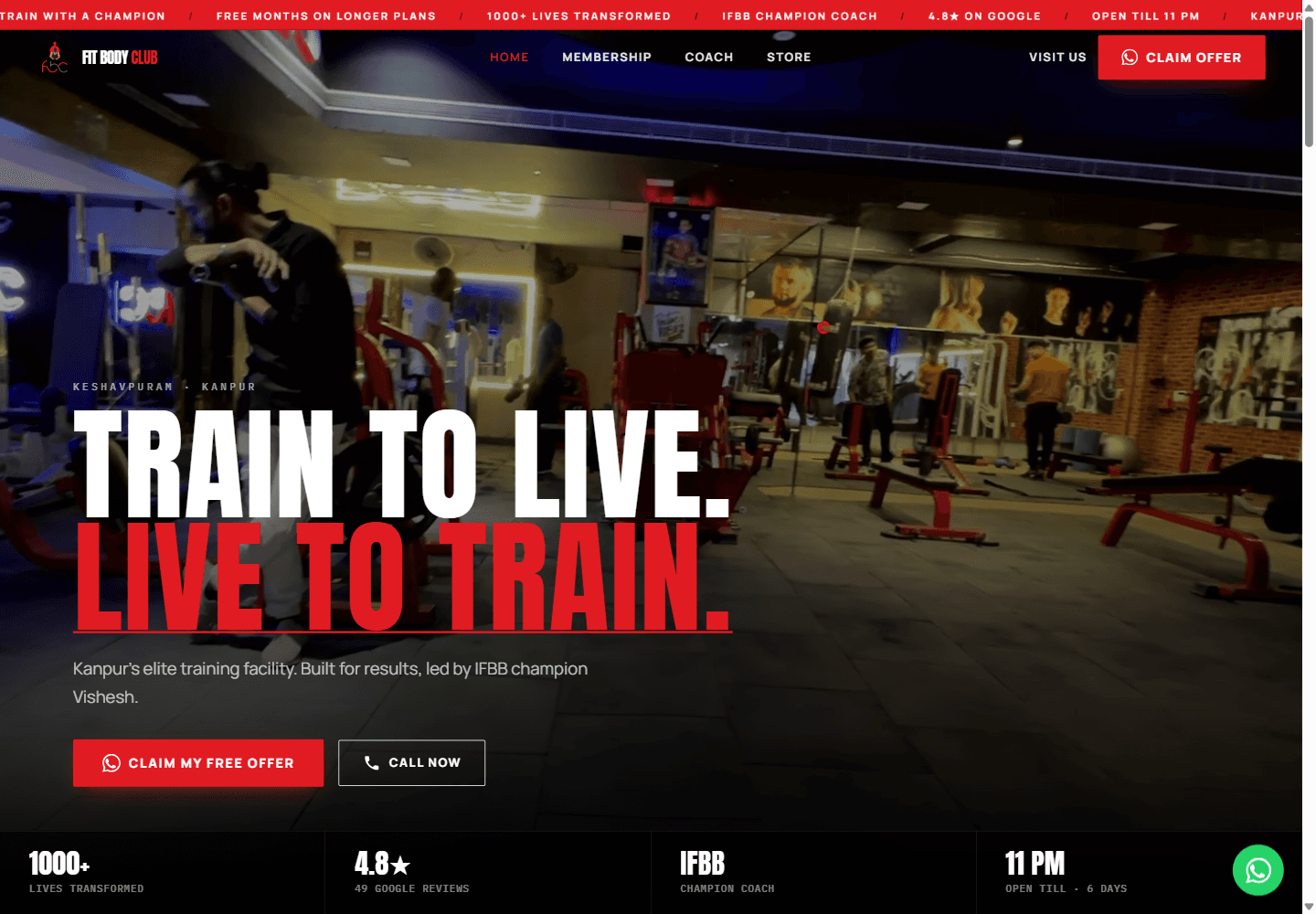 Live Fit Body Club Arena website showing its gym homepage hero