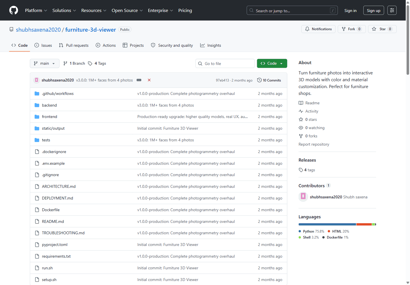 Public GitHub repository page for shubhsaxena2020/furniture-3d-viewer