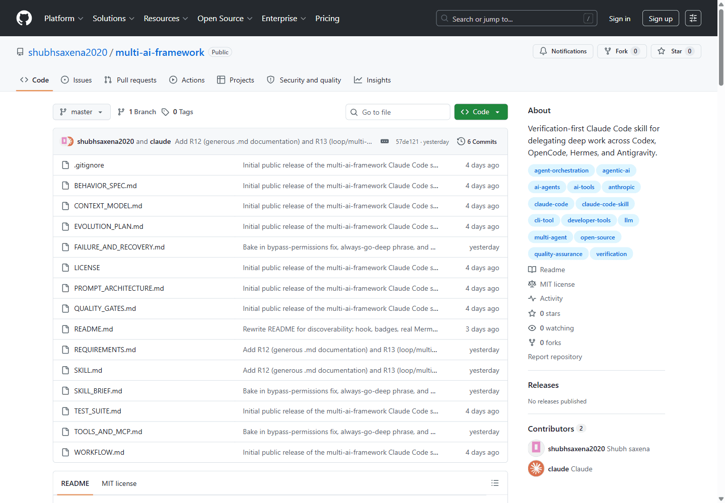Public GitHub repository page for shubhsaxena2020/multi-ai-framework